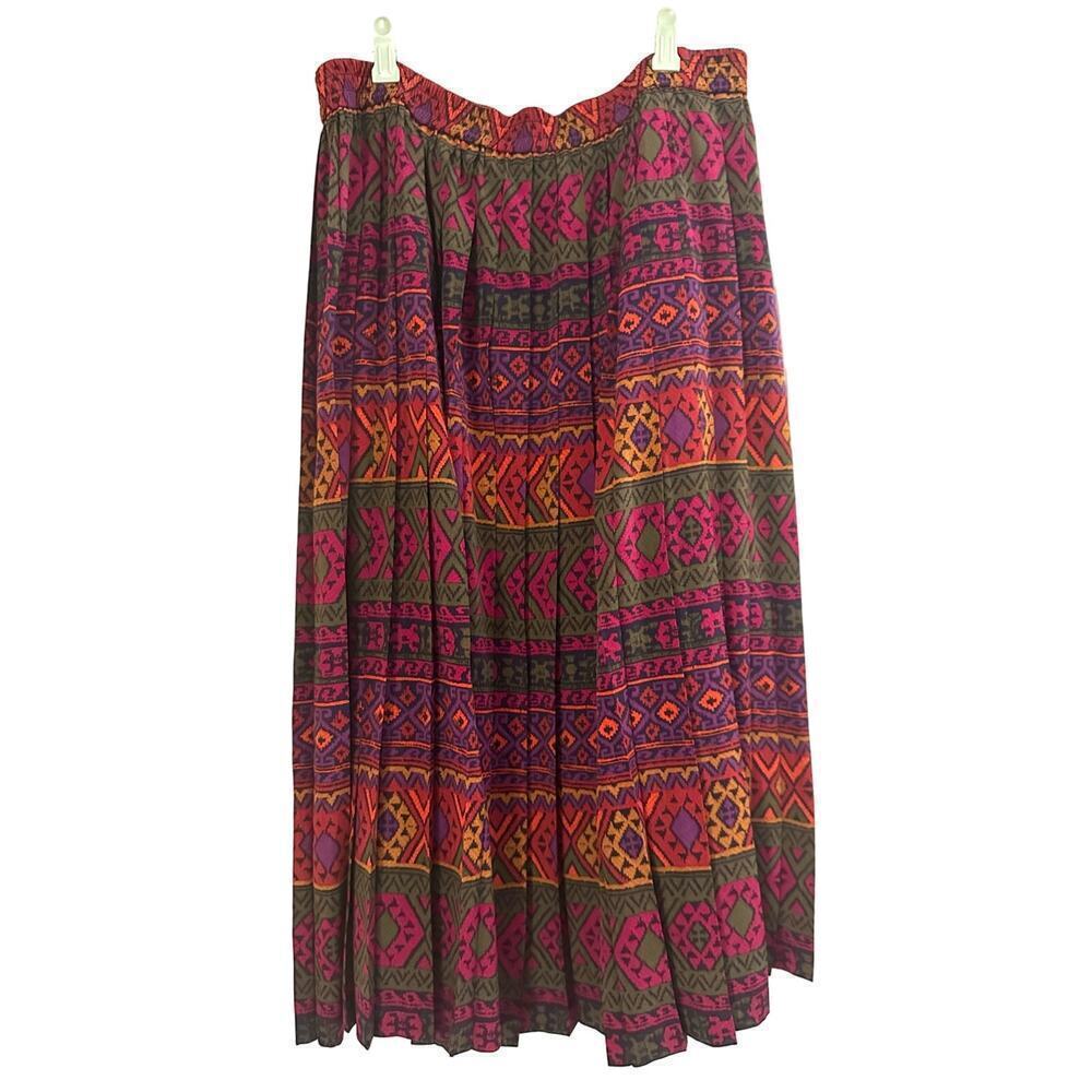 Vintage JANINE PAUPORTE Pleated Pull-On Skirt Plus Curve Western Print Pattern